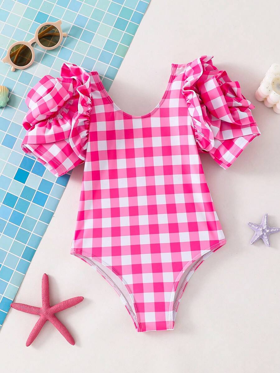 Emery Rose Kids Emery Rose Kids Bộ đồ bơi liền mảnh kẻ caro đan cho bé gái - Hồng - Xem 1
