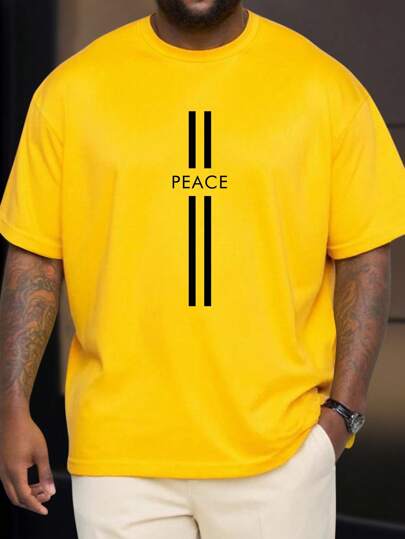 Manfinity Homme Plus Size Men's Casual Letter Print Round Neck Short Sleeve T-Shirt, Summer Yellow Top Men