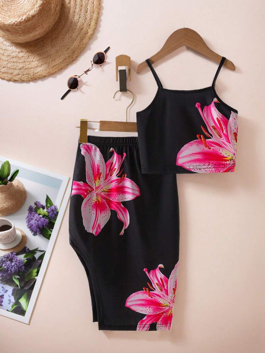 2pcs/Set Young Girls Floral Print Camisole Top And Elastic Waist Fitted Skirt, Casual Outfit Suitable For Daily, Beach, Vacation, Summer Summer Holiday - Black - View 1