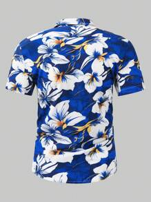 Manfinity RSRT 男士热带植物印花短袖衬衫，适合休闲运动、日常通勤、度假和返校，是男朋友、老公和情侣装的首选男士夏威夷衬衫 - 藍色 - 查看 2