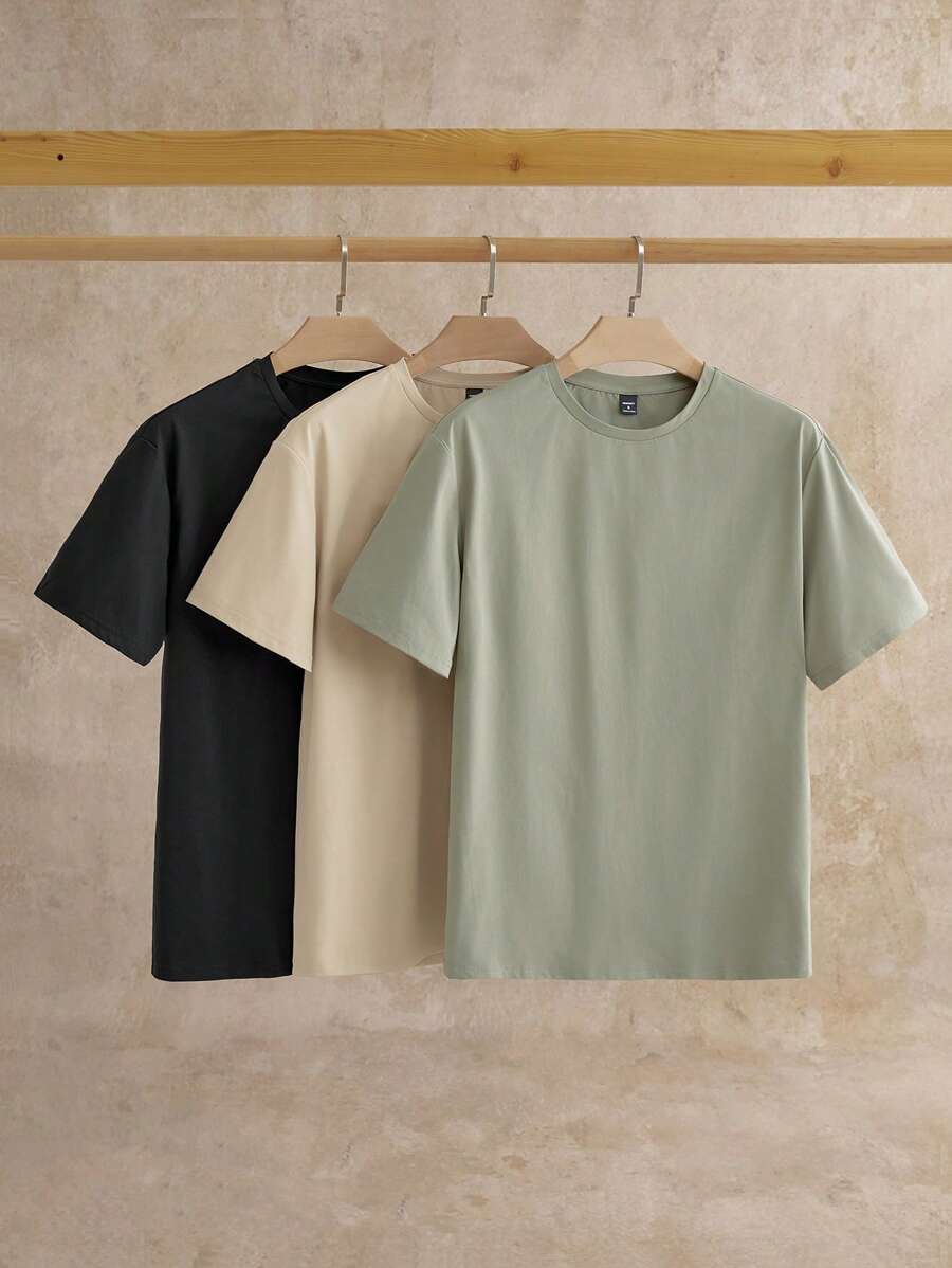 HIMLAND 男士圓領純色針織短袖休閒T恤，夏季款3入組 - 黑色 - 查看 1