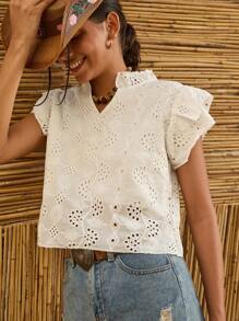 Bóhologie Embroidery Butterfly Sleeve V Neck Blouses - White - View 5