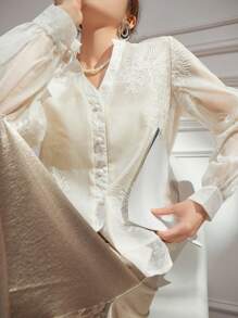 DAZY Elegant Lace V-Neck Women's Blouse, Spring/Summer,Fall Women Clothes Long Sleeve Top - Apricot - View 1