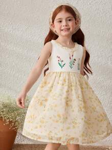 Blossori Vestido de vacaciones sin mangas con bordado floral para niñas jóvenes - Multicolor - Ver 6
