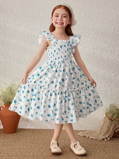 Blossori Young Girls Ditsy Floral Ruffle Sleeve Skater Dress For Vacation, Blue