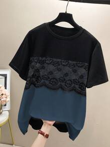 Lacomfia Camiseta casual de cuello redondo y manga corta con bloques de color de estilo retro para tallas grandes - Neblina azul - Ver 1