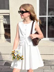 SHEIN مجموعة بنطلون قصير و سترة بدون أكمام ، من قطعتين ذات لون أحادي أنيق للبنات المراهقات