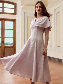 ZEYLAH Women's Elegant V-Neck Jacquard Mid-Length Dress With Backless Tie-Up Pleated Design - Mauve Purple - View 4