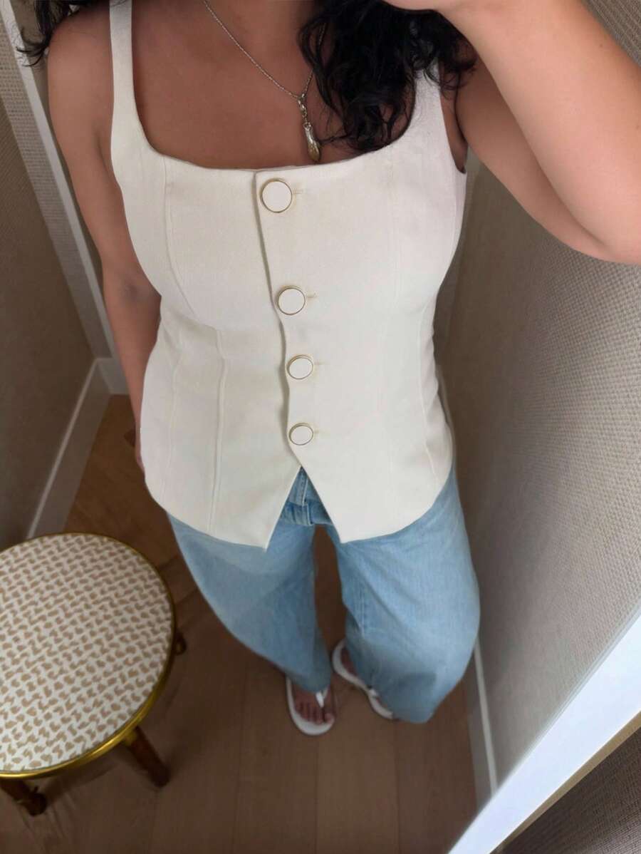 INAWLY Áo kiểu nữ cỡ lớn, màu trơn, cài một hàng cúc, cổ vuông, phong cách thường ngày. - trắng - Xem 1