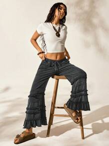 Easelle Pantalones cortos sueltos y acampanados de verano informales y de vacaciones, lavado desgastado negro, para mujeres - Negro - Ver 7