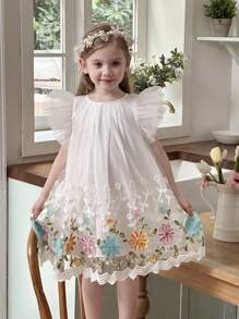 Young Girl Woven Solid Color Round Neck Ruffle Hem Casual Snug Fit Dress - Multicolor - View 2
