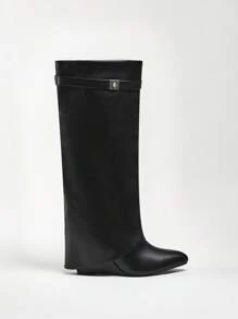 Solezae New Women's Fashionable Black Folded Vegan Leather Moto Wedge Boots For Christmas - Black - View 2