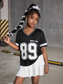 Tween Girls Casual Chic Streetwear Blue T-Shirt With White Number & Letter Print + White Ballet Skirt Set - Blue - View 3