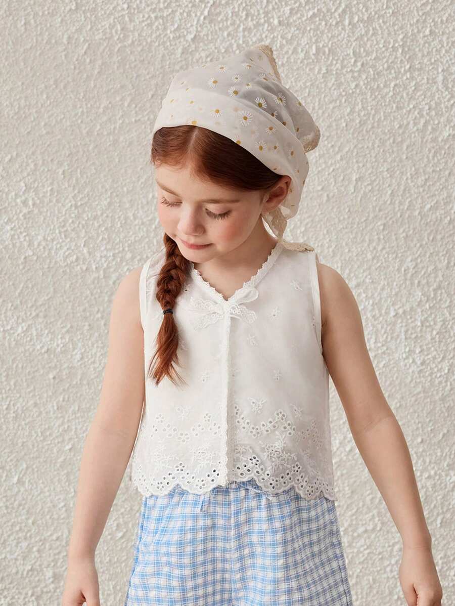 Blossori Young Girls' Countryside Style Embroidered Sleeveless White Cotton Blouse - White - View 1
