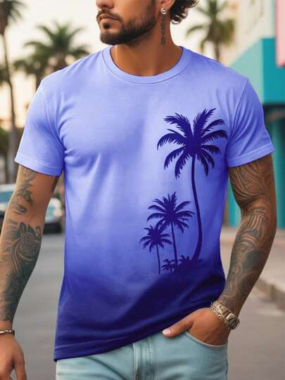Manfinity RSRT Camiseta de manga corta casual de verano para hombres con estampado de palmeras