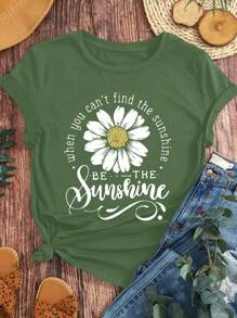 Camiseta de verano de cuello redondo con estampado de crisantemo y letras en inglés para mujer de talla grande