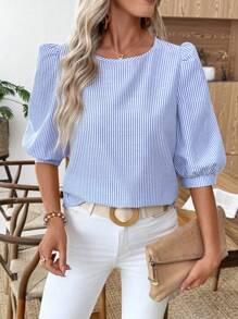 EMERY ROSE Women's Striped Lantern Sleeve Loose Casual Blouse, Summer - Blue and White - View 5