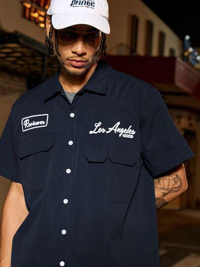 PAVTROS Manfinity Streetrush Manfinity Streetrush Men's Loose Fit Utility Pocket Design Casual Shirt, Blue Button-Up Short Sleeve Shirt, Multi Pocket Casual Shirt, Streetwear