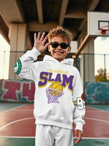 SHEIN Leap Crew 男童休闲宽松舒适日常柔软洛杉矶，Slam，99号，篮球元素文字印花针织长袖卫衣 - 彩色 - 查看 1