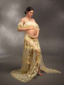 SHEIN Set de 2 piezas con top halter de gasa de volantes y falda con abertura, adecuado para sesión de fotos de bautizo de bebé, sesión de fotos de maternidad - Dorado - Ver 4