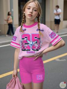 SHEIN Leap Crew 2 件套青少年女孩休闲简约图案 25 图案短袖 T 恤和短裤，夏季运动风格 - 彩色 - 查看 2