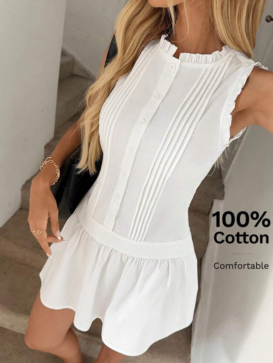 Easowa 荷叶边高腰修身连衣裙，前部带纽扣，无袖荷叶边下摆迷你连衣裙，棉质休闲假日优雅街头连衣裙，适合女性，老钱风格 - 白色 - 查看 1