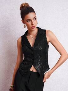 Lavishia Women's Sleeveless Black Suit Collar Fitted Sequin Party Top, Elegant For Autumn/Winter Sequin Top Spring Clothes Party Tank Top Summer Mardi Gras Going Out Tops Women Tank Top