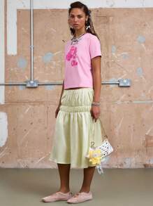 COUREZ Áo thun ngắn tay cho bé gái với họa tiết hoa / Áo mùa hè cho nữ, chất liệu cotton Y3K, kiểu vintage Y2K. - Hồng - Xem 7