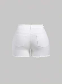 SHEIN EZwear Quần short denim nữ cỡ lớn, bó sát, co giãn, rách, thường ngày, màu xanh lam - trắng - Xem 2