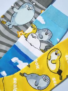 SEALOOK X SHEIN 3 Pasang Kaos Kaki Wanita Motif Kartun Lucu, Lembut, Menyerap Keringat, dan Bernapas, Ujung dan Tumit Diperkuat, Desain Unisex untuk Semua Musim dengan Motif Garis-garis, Lautan, dan Anjing Laut - MultiWarna - View 3
