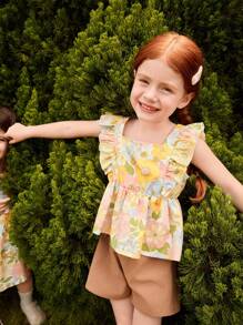 Blossori Young Girls' Vacation Floral Print Ruffle Sleeve Top And Shorts 2-Piece Set - Multicolor - View 7