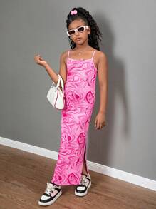 SHEIN 青少年女孩休闲街头风格针织几何印花细肩带开衩下摆连衣裙 - 玫紅色 - 查看 7