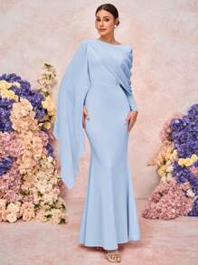 SHEIN Belle Váy phù dâu dệt kim cổ tròn tay dài trang trí xếp nếp bất đối xứng viền đuôi cá thanh lịch và lãng mạn - Màu xanh lam - Xem 7