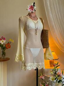 SHEIN MOD V领喇叭袖蕾丝花边露背钩针沙滩装罩衫 - 杏色 - 查看 3