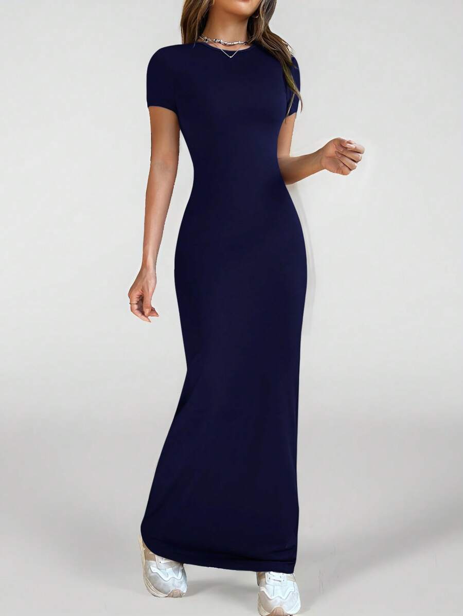 SHEIN PETITE Women Round Neck Slim Fit Short Sleeve Dress For Daily Wear In Spring And Summer,Bodycon Dress - Navy Blue - View 1