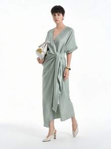 Aalyst 土色调杏色女士简约休闲编织裹身设计 V 领蝙蝠袖长裙，天然舒适面料，适合春夏季