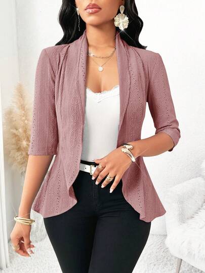 SHEIN Lady 四季蓝色镂空纹理开衫女士外套秋冬女士办公室服装