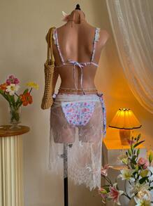 SHEIN MOD Bộ bikini tam giác ren hoa gợi cảm dành cho nữ, bãi biển mùa hè - Nhiều màu - Xem 2