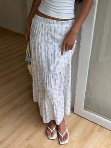 SHEIN EZwear Women Floral Print Elastic Waist Ruffled Hem A-Line Skirt