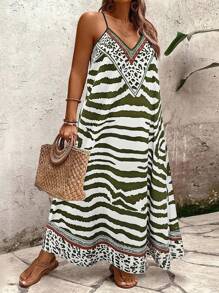 Breezaya Plus Size Women Leopard Print Loose Maxi Slip Dress, Summer - Army Green - View 4