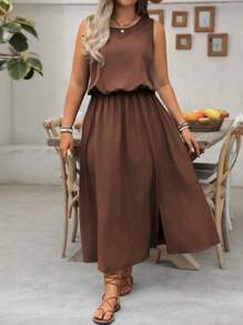 SHEIN LUNE Plus Size Sleeveless Round Neck Solid Color Casual Commuter Dress, Waist Cinched, Slit Hem, Suitable For Women - Brown - View 4