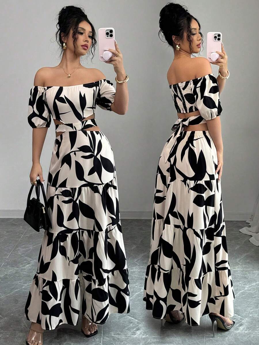 Lyxana Women's Off Shoulder Cinched Waist Printed Hollow Long Dress (Floral Pattern Asymmetrical Cut), Summer - Apricot - View 1