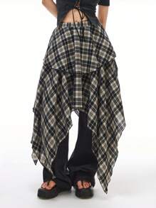 LYSMO 黑白复古格子 A 字裙，高腰修身不对称下摆解构中长裙，女式