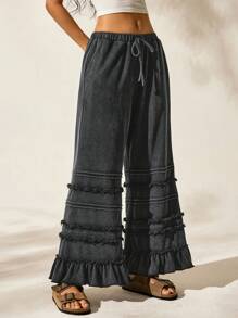 Easelle Pantalones cortos sueltos y acampanados de verano informales y de vacaciones, lavado desgastado negro, para mujeres - Negro - Ver 4