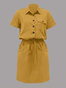 SHEIN LUNE Vestido corto de estilo militar con varios bolsillos, de color verde militar, para mujer, de verano - Amarillo - Ver 3