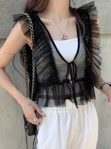 FRIFUL 女式网眼盖袖透明覆层上衣，夏季演唱会服装可爱上衣 - 黑色 - 查看 3