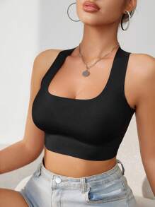 Women Casual Comfy Black Plain Sports Bra With Slight Stretch Fabric And Backless Design For Everyday Wear - Black - View 3