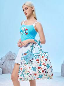 The Smurfs X SHEIN 1pc Cute Cartoon SMURFETTE, NO NAME Printed Foldable Shopping Bag, Tote Bag, Equipped With A Small Storage Bag With A Bead Chain, Can Be Hung On A Bag - Blue - View 4