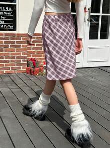 Jouncy 女士格子印花休闲百搭半身裙，夏季 - 紫色 - 查看 5