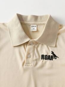 SHEIN 2pcs/Set Boys Summer Letter Print Short Sleeve Polo Shirt And Pants Set - Apricot - View 4